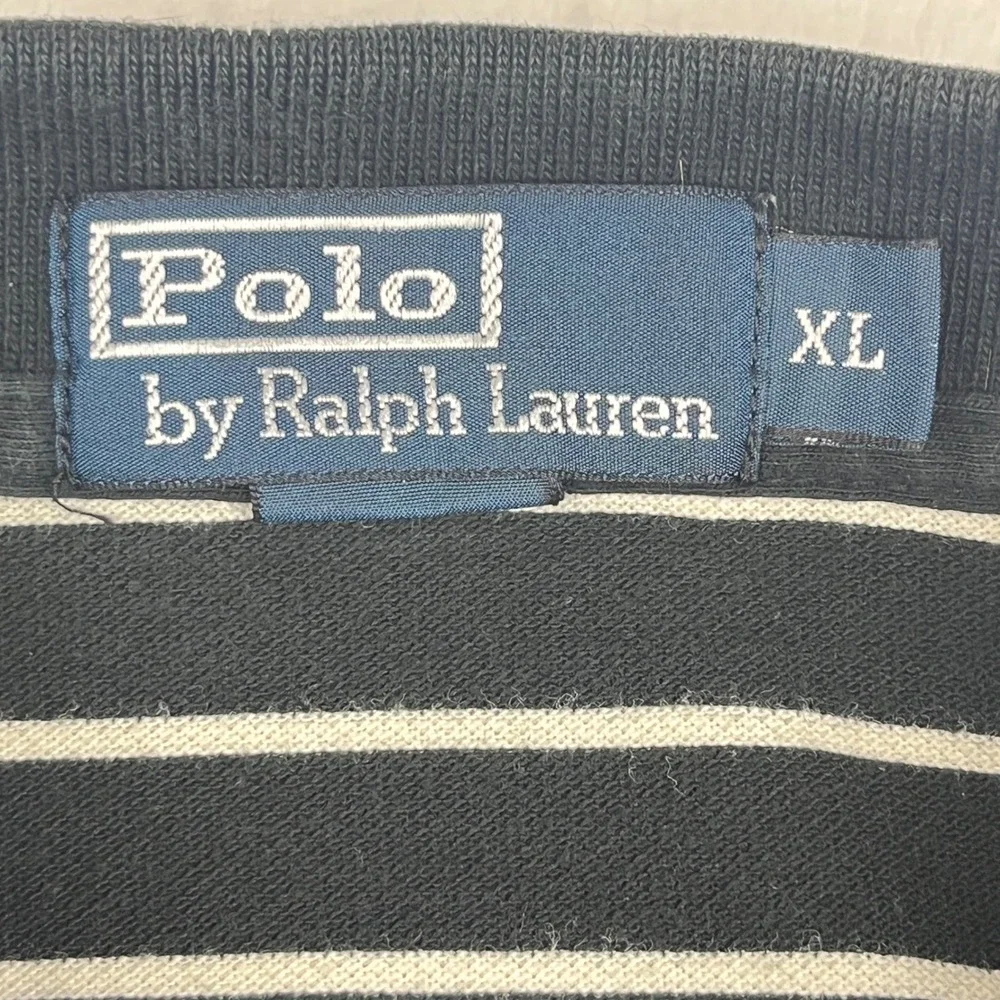 Polo Ralph Lauren Polo Shirt‎ Mens XL Navy Blue White Striped Pique Short Sleeve